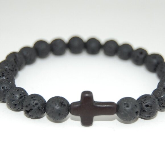 Cross Bracelet,Lava Bracelet,Cross Lava Bracelet,8mm Lava Stone Beads - Picture 2 of 2